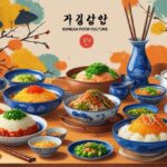 한국 전통 음식을 배경으로 한 식문화 장면, 다양한 한식 요리가 나무 테이블 위에 놓여 있다.