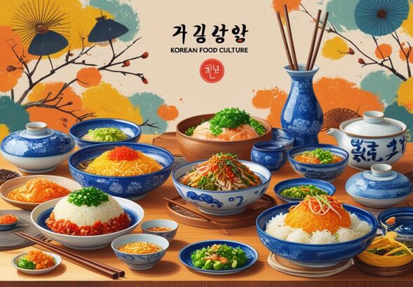 한국 전통 음식을 배경으로 한 식문화 장면, 다양한 한식 요리가 나무 테이블 위에 놓여 있다.