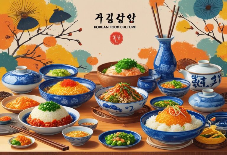 한국 전통 음식을 배경으로 한 식문화 장면, 다양한 한식 요리가 나무 테이블 위에 놓여 있다.