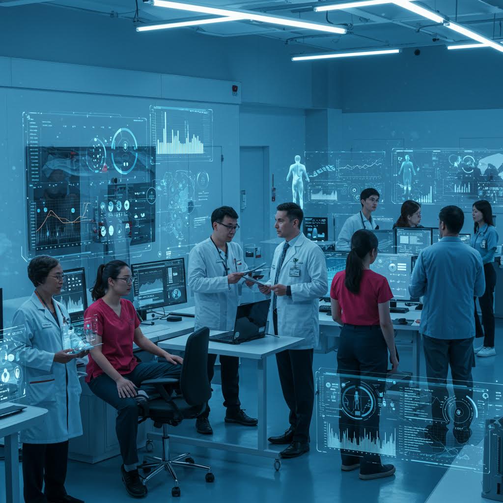 실험복과 화면 속 그래픽이 겹쳐진 풍경은 온카스터디가 전하는 안정된 신뢰를 은유하는 순간