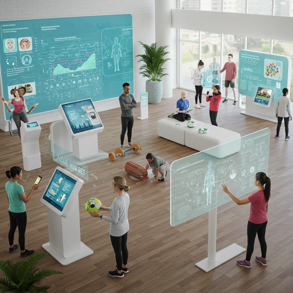 가상 패널과 운동 기구가 어우러진 커뮤니티 공간이 온카스터디의 검증과 소통 구조를 떠올리게 하는 인상