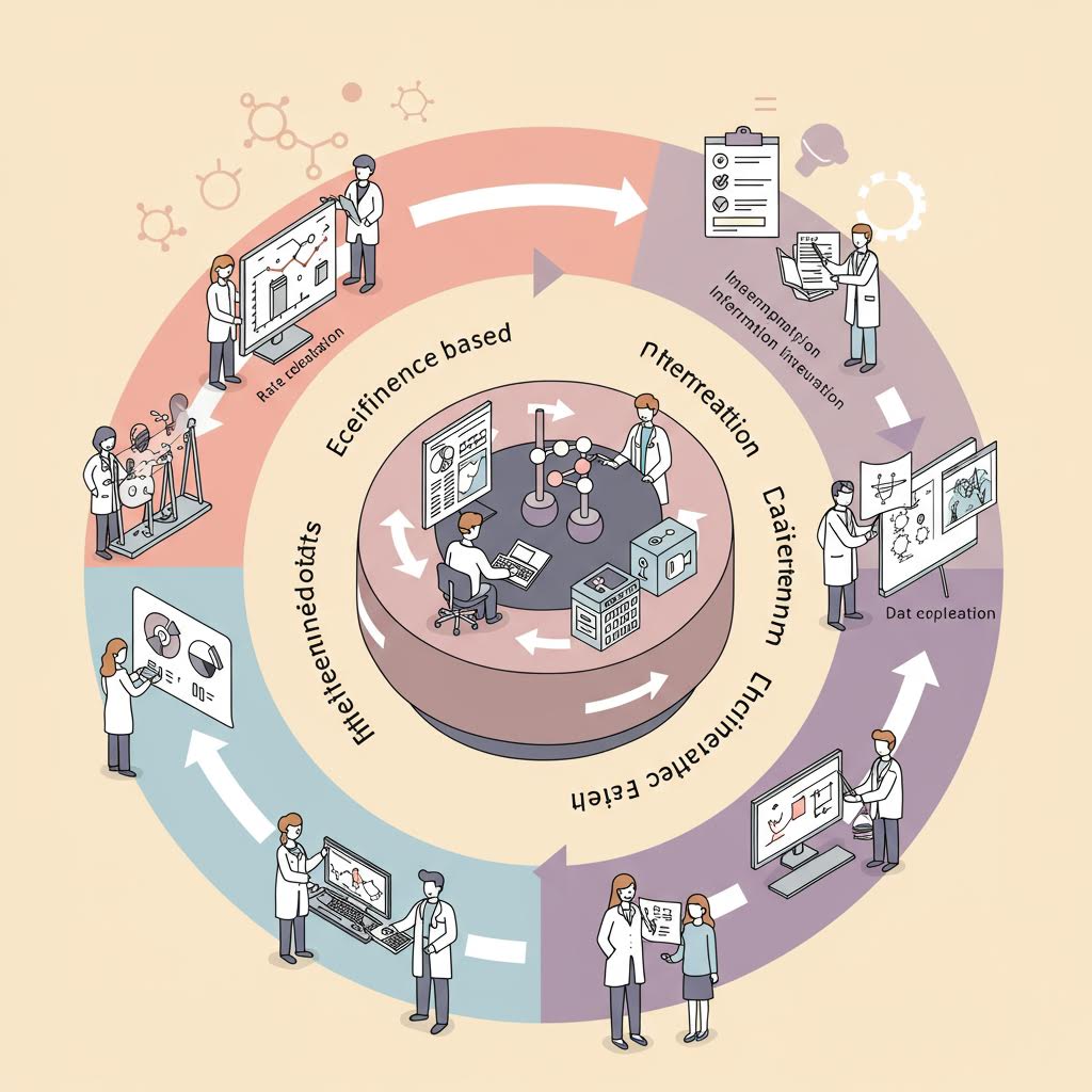 연구자와 의료진이 원형 다이어그램 속에서 데이터를 교환하며 협력하는 모습이 온카스터디를 빗댄 검증적 체계의 인상