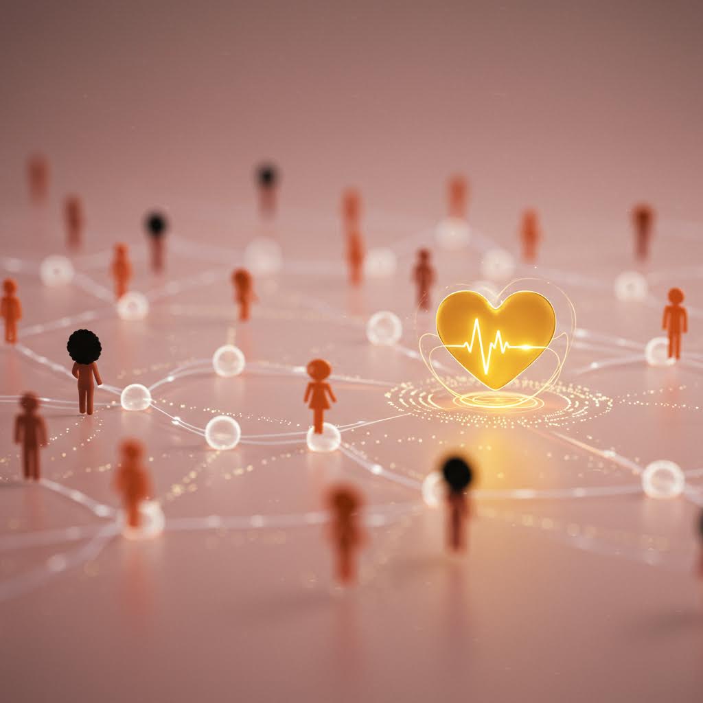 인체 아이콘들이 선으로 이어진 공유 네트워크 안에서 심장 모양이 강조되며 온카스터디의 플랫폼 원칙을 드러내는 풍경