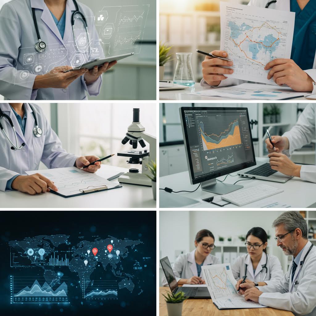 의료진이 데이터 차트와 지도를 활용해 분석과 협업을 진행하는 모습