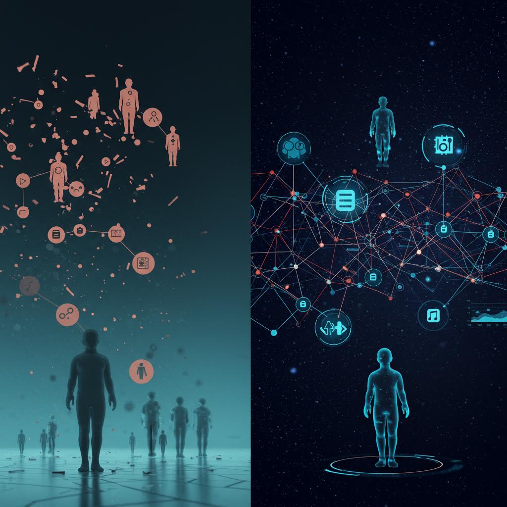 어둠 속 두 영역에 펼쳐진 인간 형상과 데이터 네트워크는 온카스터디가 드러내는 확실한 흐름을 닮은 장면