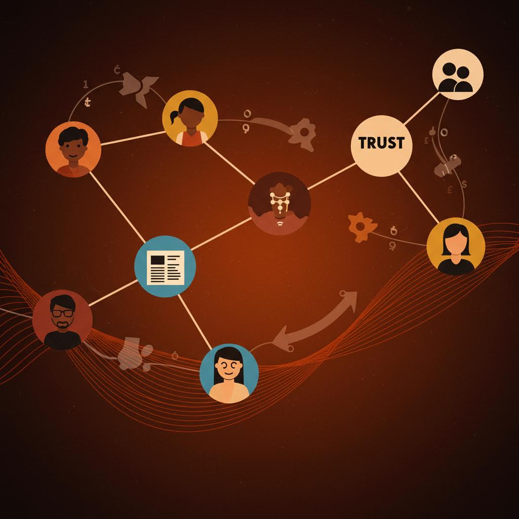 중앙 'TRUST' 원형 노드, 주변 7개 다양한 사람 아이콘·문서·기어·화살표로 연결된 따뜻한 주황색 배경 네트워크 다이어그램.