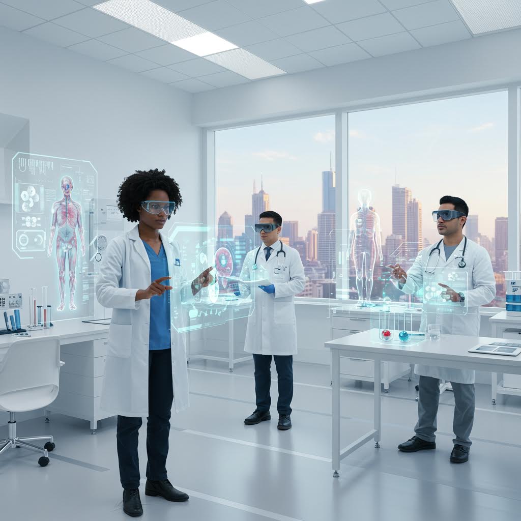 증강현실 장비를 착용한 의사들이 공중의 홀로그램 데이터를 분석하며 정밀 의료를 연구하는 장면