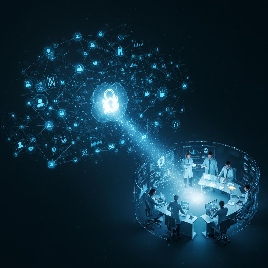 의료 데이터 보안을 상징하는 디지털 네트워크 이미지, 온카스터디의 암호화 기술로 안전하게 보호되는 협업형 연구 환경