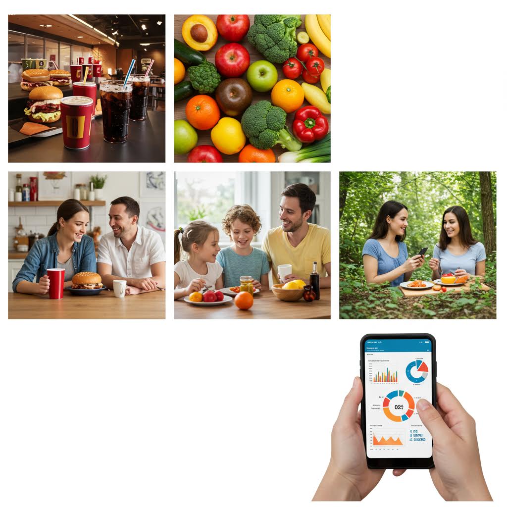 건강한 식습관과 라이프스타일을 보여주는 콜라주: 패스트푸드와 탄산음료, 신선한 과일과 채소, 가족 식사, 야외 식사, 건강 추적 앱이 표시된 스마트폰