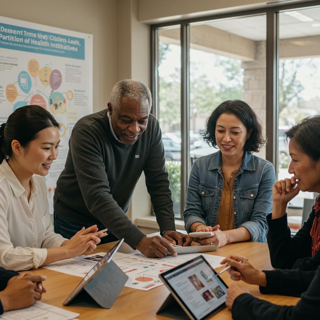 다양한 연령과 배경의 사람들이 회의 테이블에서 데이터를 공유하며 토론하는 장면으로, 온카스터디의 협업 중심 커뮤니티 학습 환경을 보여준다.