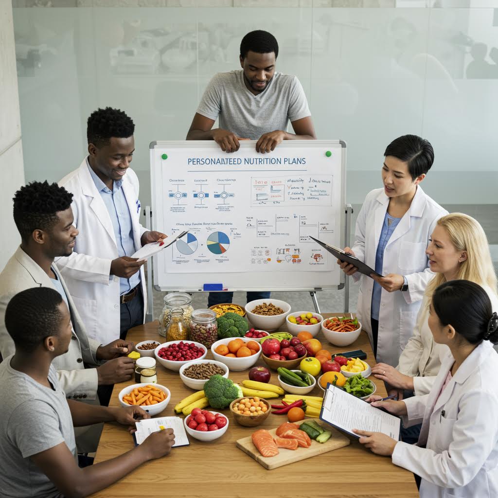 의료 전문가들이 다양한 과일과 식품을 앞에 두고 영양 계획을 논의하는 장면으로, 온카스터디의 맞춤형 건강 데이터 분석과 식단 관리 솔루션을 보여준다.