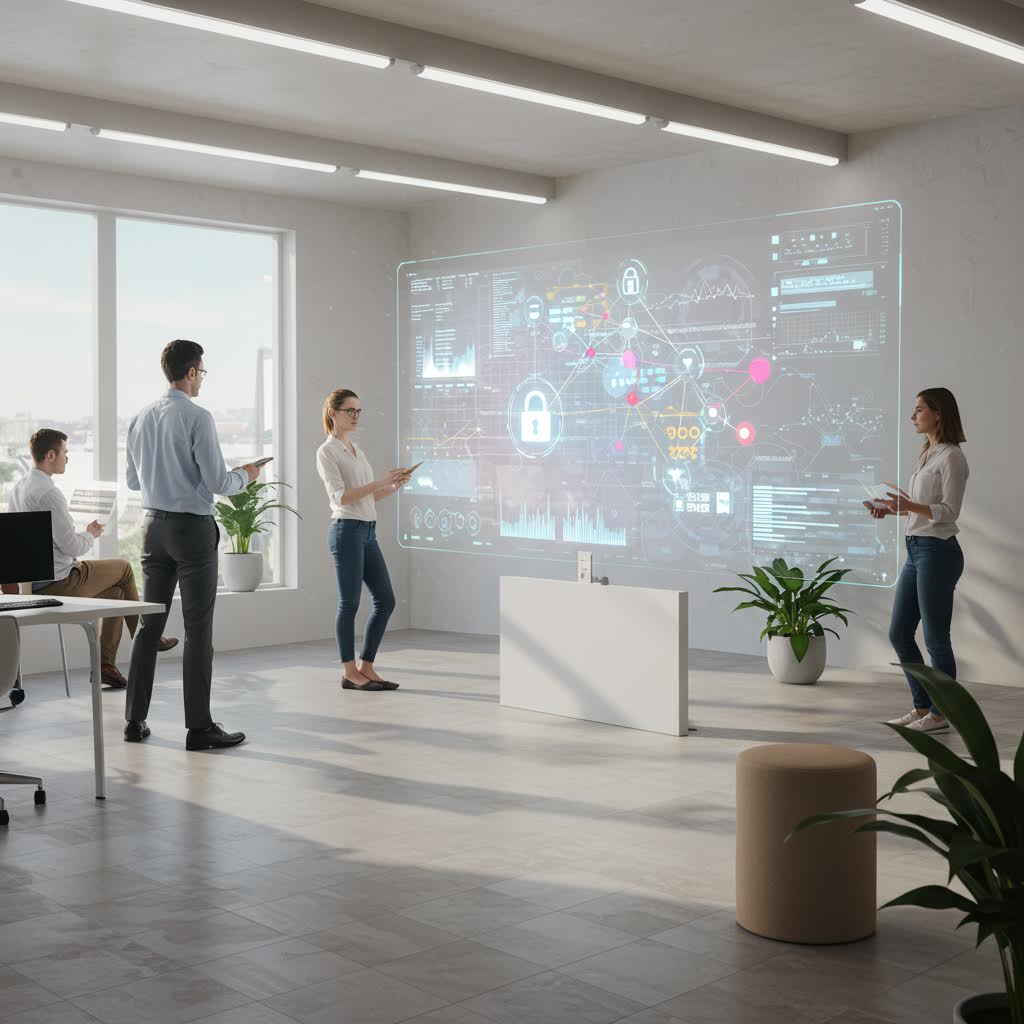팀이 회의실에서 홀로그램 보안 네트워크를 분석하며 협업하는 장면으로, 온카스터디의 데이터 보호 및 스마트 협업 기술을 보여준다.