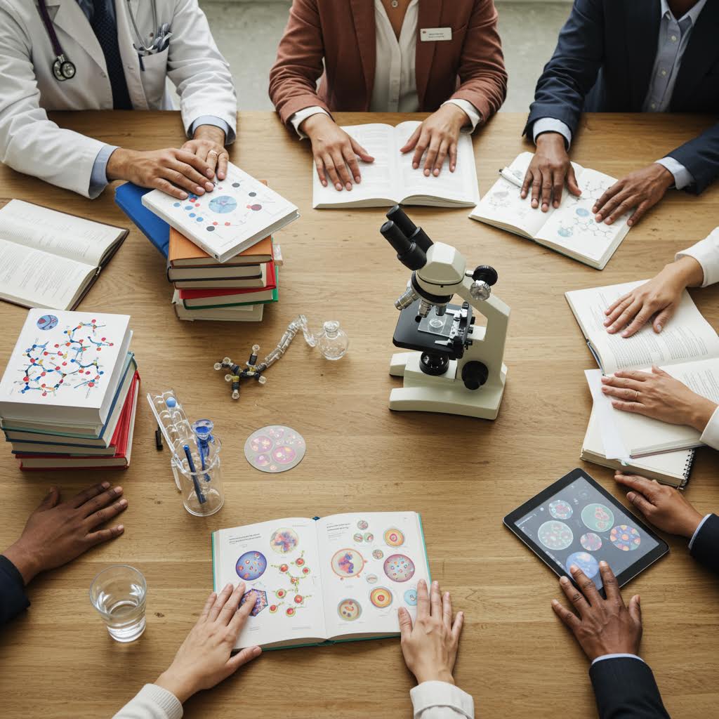 의료 연구진이 현미경과 자료를 활용해 데이터를 분석하는 장면, 온카스터디의 협업형 연구 플랫폼으로 과학적 통찰을 공유하는 모습