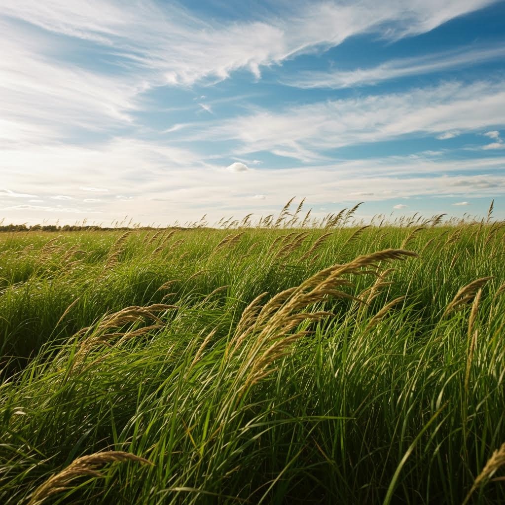 푸른 하늘 아래 바람에 흔들리는 초원 - 평화로운 자연 풍경, 녹색 잔디밭과 구름