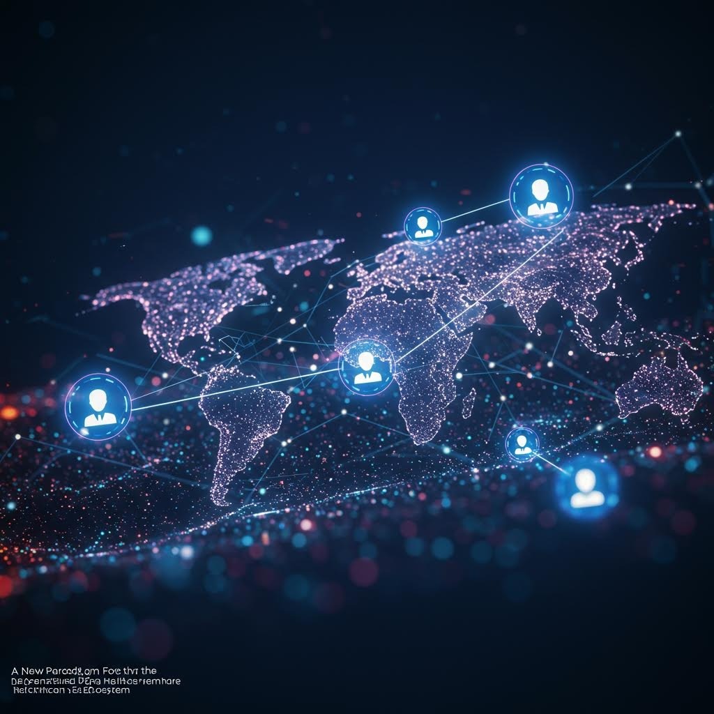 온카스터디 어두운 배경의 빛나는 입자로 구성된 세계 지도 위에 청록색 사용자 아이콘들이 선으로 연결되어 글로벌 의료 데이터 검증 네트워크를 표현한 이미지