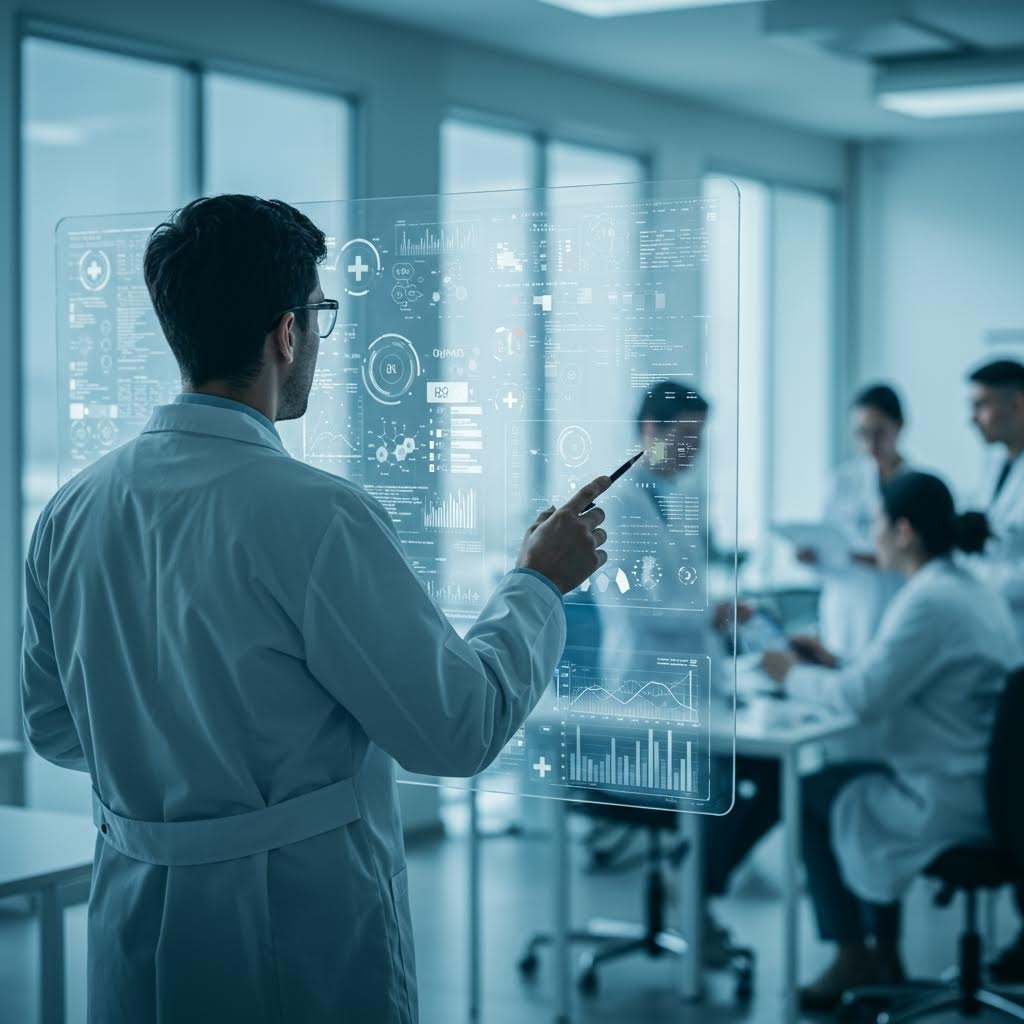 현대적인 사무실에서 랩 코트를 입은 전문가가 투명한 홀로그램 의료 데이터 대시보드 인터페이스를 태블릿으로 조작하며 뒷배경의 팀원들과 협업하는 미래형 의료 기술 장면