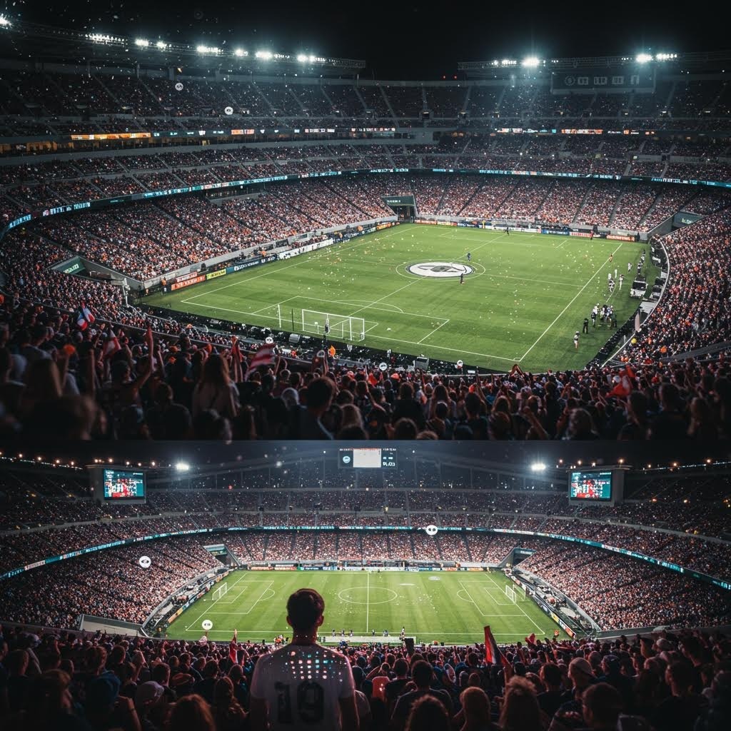 축구 경기장 야경 전경 - 만원 관중석과 조명 아래 펼쳐지는 축구 경기 파노라마 뷰