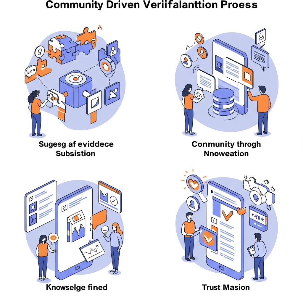 온카스터디 커뮤니티 주도 검증 프로세스 - 증거 제출, 커뮤니티 혁신, 지식 개선, 신뢰 구축의 4단계를 보여주는 보라색 톤의 아이소메트릭 일러스트레이션