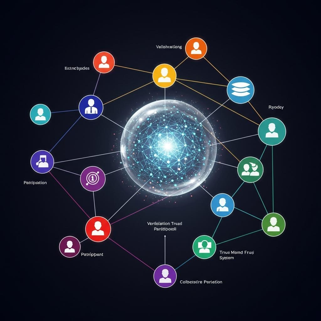 온카스터디 커뮤니티 검증 네트워크 - 중앙의 빛나는 디지털 구체를 중심으로 다양한 색상의 사용자 아이콘들이 방사형으로 연결되어 검증, 참여, 신뢰 시스템을 나타내는 다크 배경의 네트워크 다이어그램