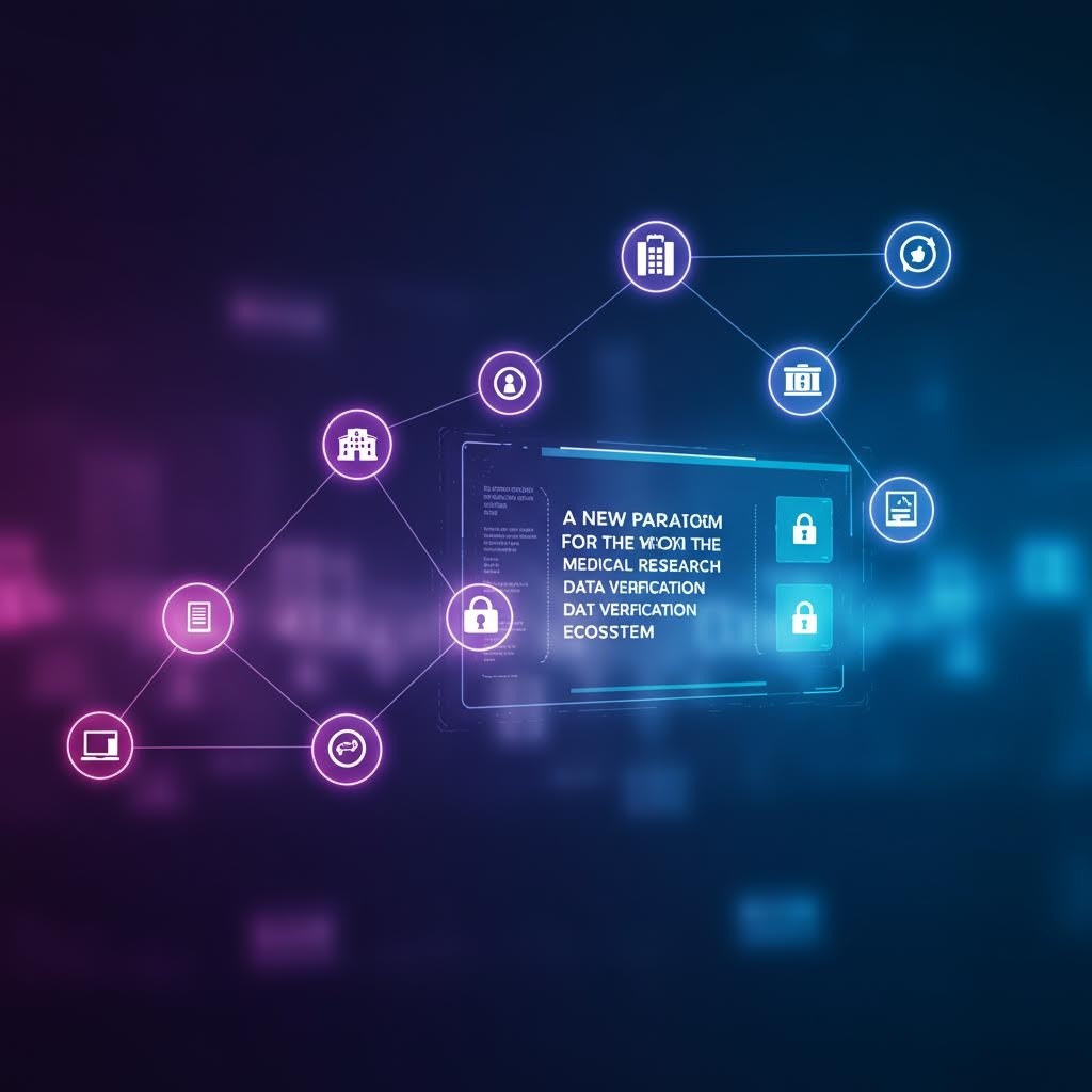 온카스터디 보라색에서 청록색으로 그라데이션된 배경에 의료 연구 데이터 검증 생태계를 나타내는 투명한 디지털 패널과 병원, 보안, 문서 아이콘들이 네트워크로 연결된 새로운 패러다임 시각화
