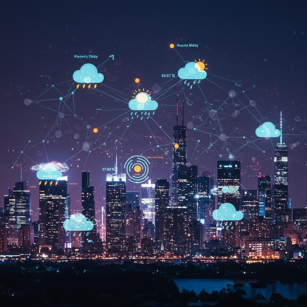 스마트 시티 날씨 데이터 네트워크 - 야경 도시 위에 구름, 기온, 기상 정보가 연결된 IoT 시스템 시각화