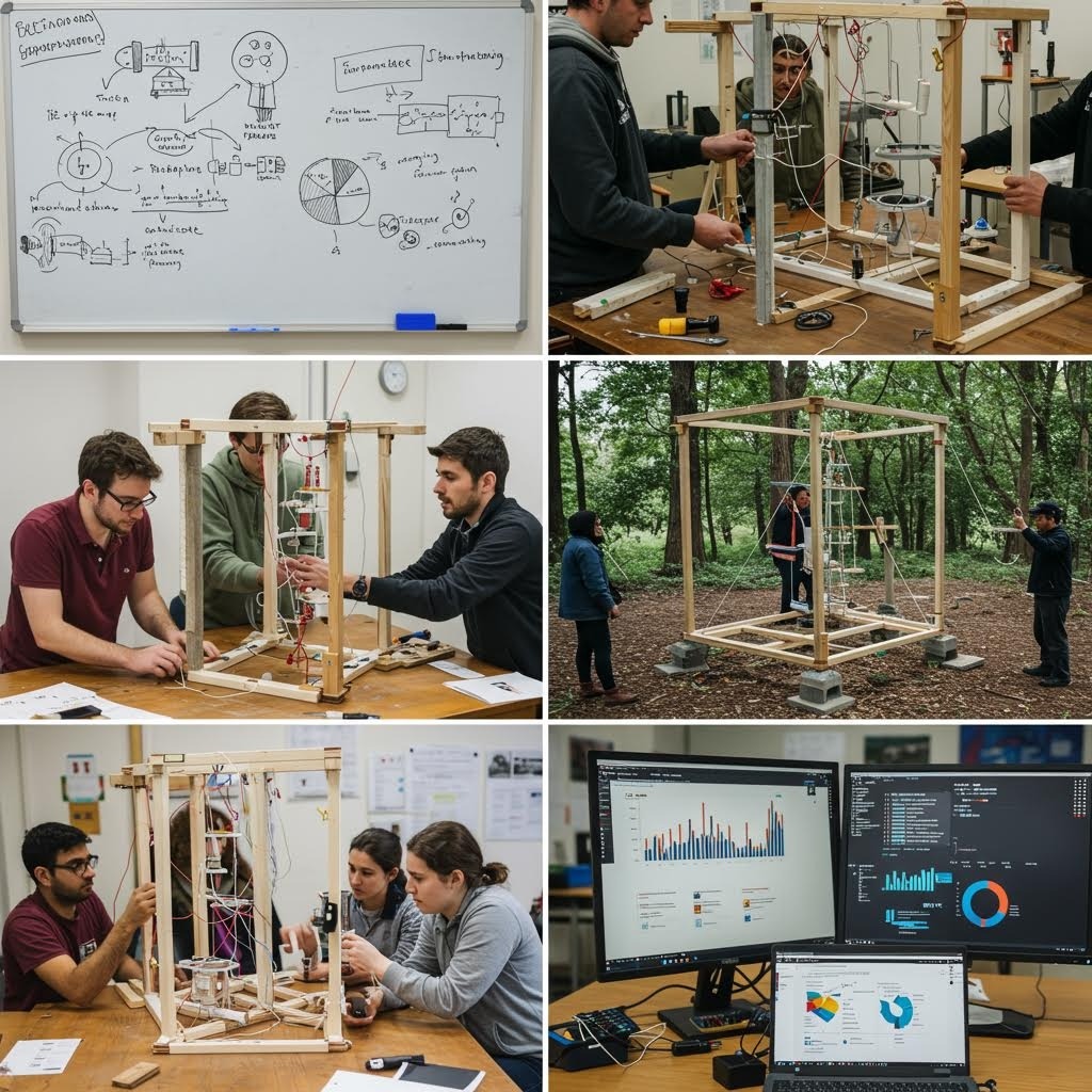 온카스터디 프로젝트 개발 과정 - 화이트보드 기획부터 나무 구조물 프로토타입 제작, 야외 테스트, 실내 협업, 데이터 분석까지 6단계 작업 과정을 담은 사진 콜라주