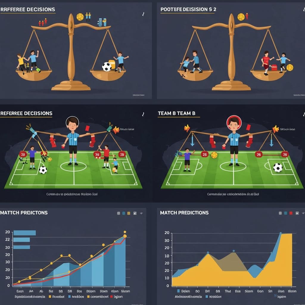 축구 심판 판정 분석 인포그래픽 - 저울, 경기장 다이어그램, 경기 예측 차트로 표현한 심판 결정 데이터 시각화