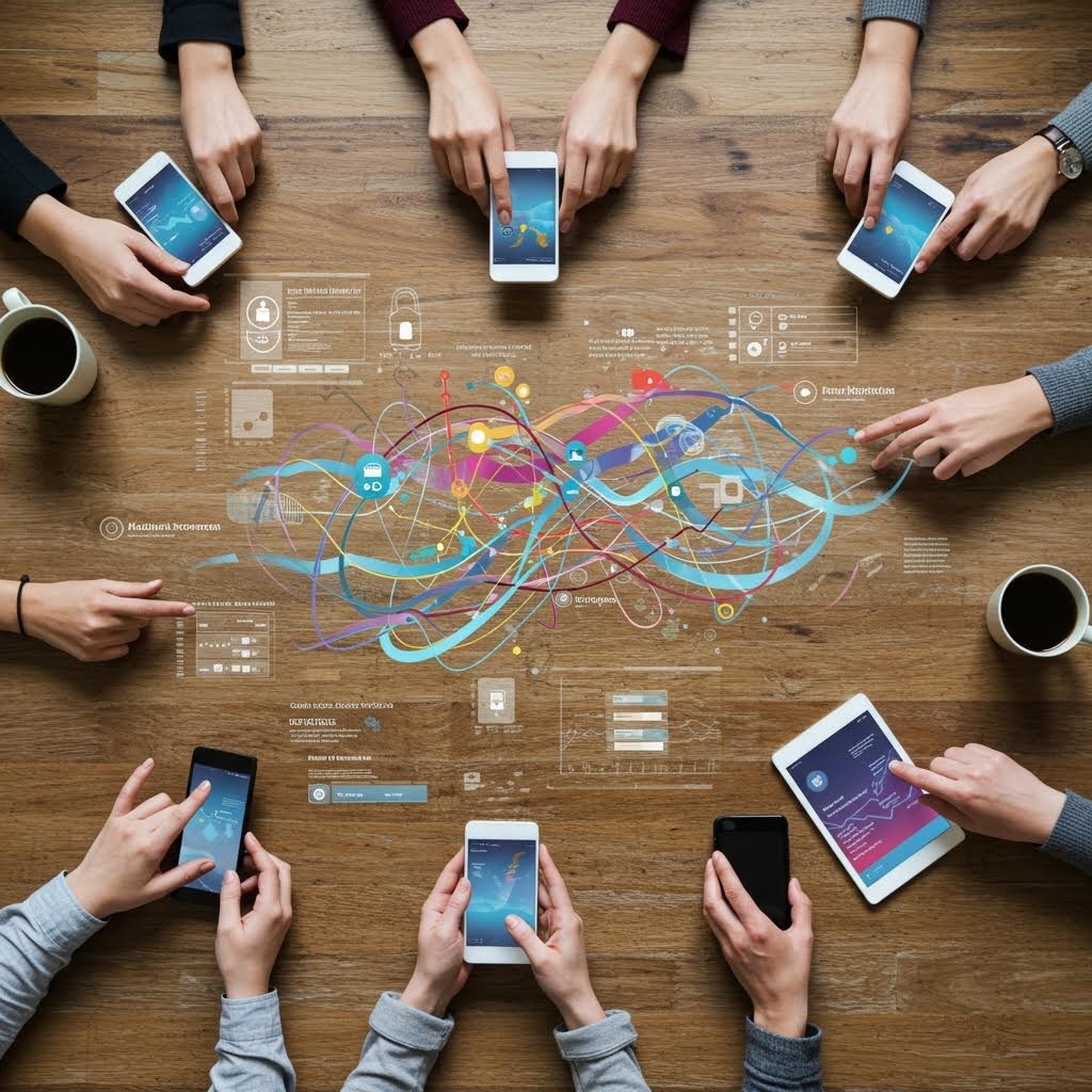 온카스터디 나무 테이블 위에서 여러 사람들이 스마트폰과 태블릿을 들고 원형으로 둘러앉아 중앙의 다채로운 데이터 플로우 차트와 네트워크 다이어그램 홀로그램을 함께 검토하는 협업 장면