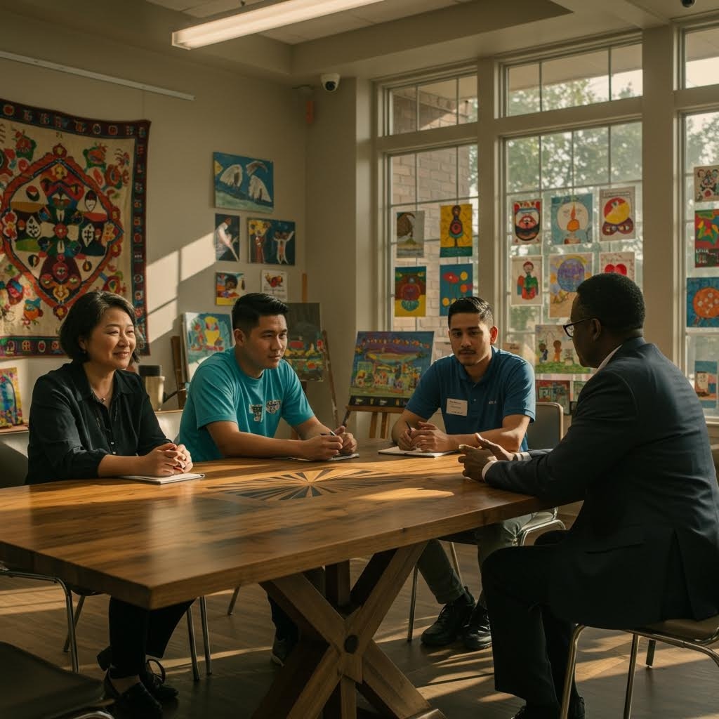 온카스터디 팀 협업 미팅 - 밝은 자연광이 들어오는 아트 스튜디오에서 나무 테이블에 둘러앉아 프로젝트를 논의하는 4명의 다양한 팀원들