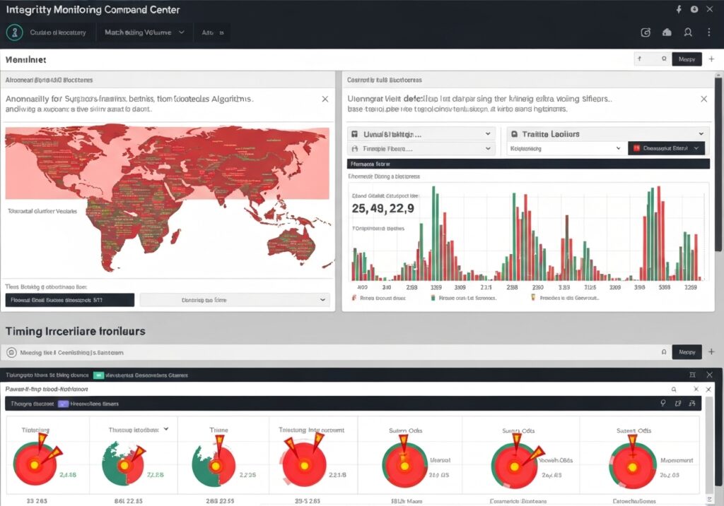 전 세계 베팅 활동을 모니터링하는 무결성 모니터링 커맨드 센터 대시보드 - 지도 시각화, 타이밍 불규칙성 차트 및 실시간 경고 시스템