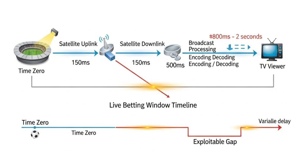 위성 업링크에서 TV 시청자까지의 방송 지연을 보여주는 라이브 베팅 윈도우 타임라인 다이어그램 - 악용 가능한 갭 강조 표시