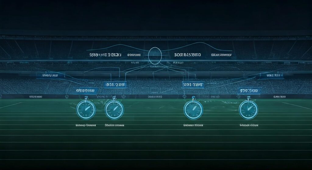 축구 경기장 배경 위에 오버레이된 배당률 변동, 타이밍 데이터 및 분석 메트릭을 보여주는 청록색 홀로그램 인터페이스