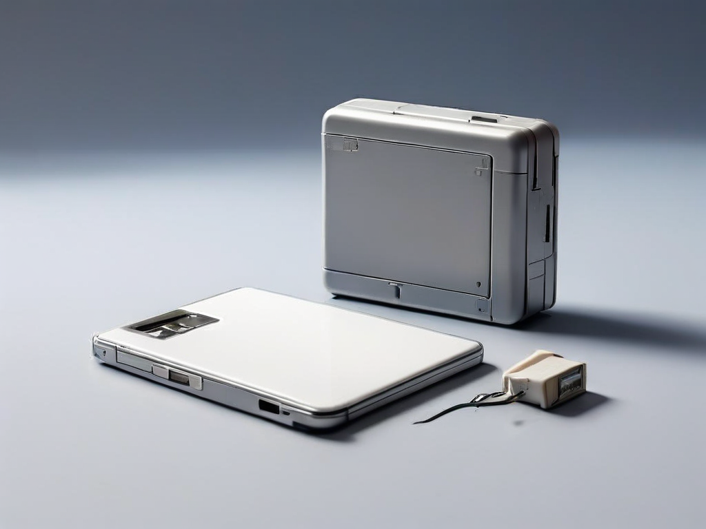 A memory card, sealed external hard drive, and blank photo sleeve arranged on a matte gray surface, representing a saved image...