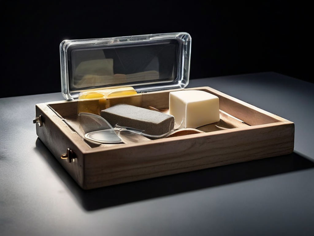 Empty slot in a clear acrylic storage tray where a divider card was removed, with a sealed block nearby on a stone counter.