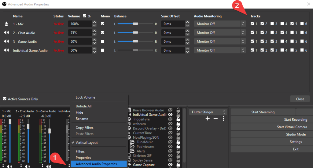 OBS multi-track audio settings for separating microphones, remote guests, gameplay, and desktop sound.