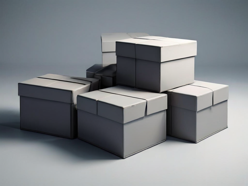 Three gray archive boxes with labeled blank compartment inserts on a studio surface, soft side lighting.