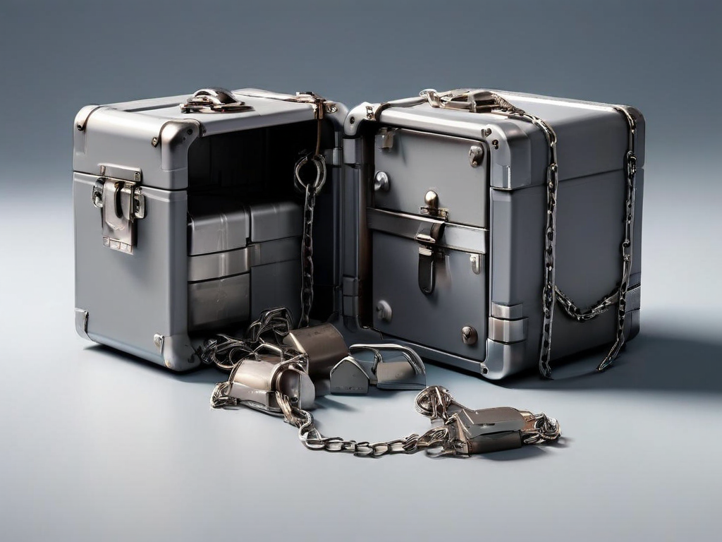 A sealed metal case with a short chain and separate blocks representing connected file locations on a gray surface.