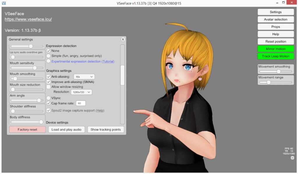 Spout2 setup for adding a VTuber avatar with a transparent background to a live broadcast scene in OBS.