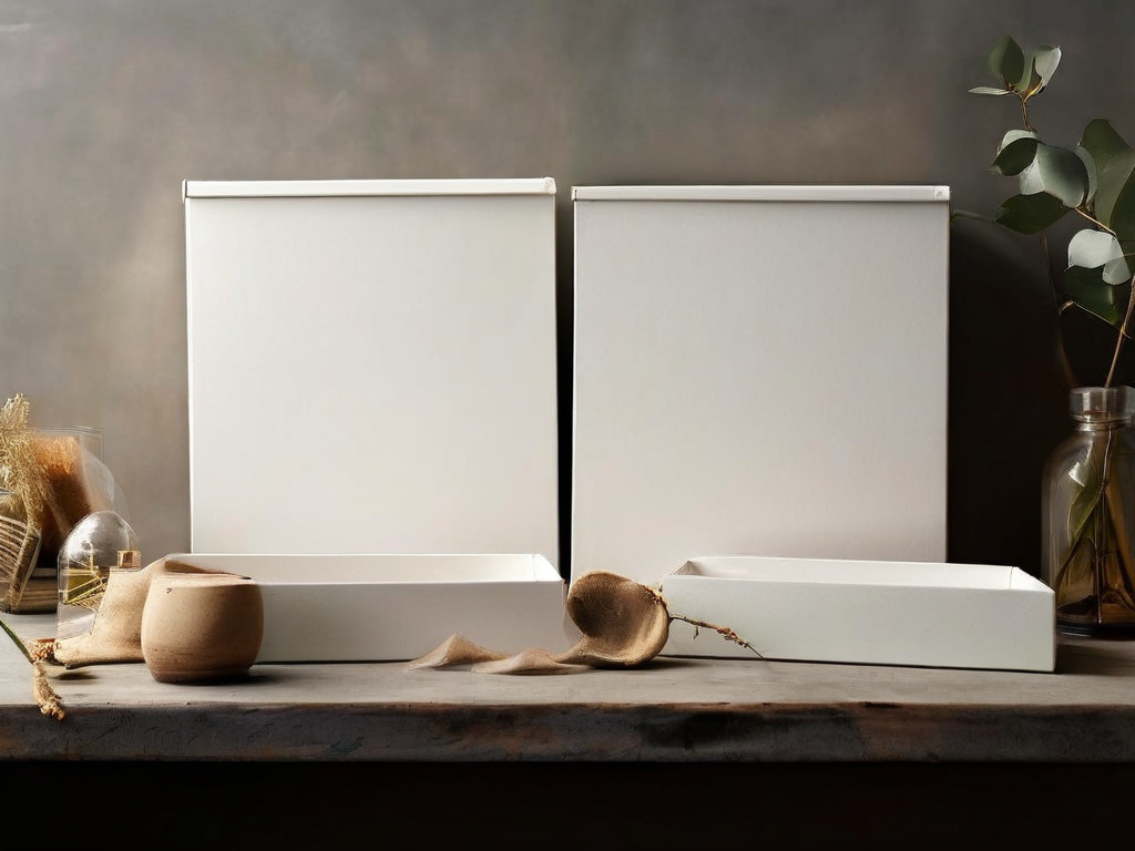 Two open archive boxes on a stone counter with blank divider cards, soft studio light.