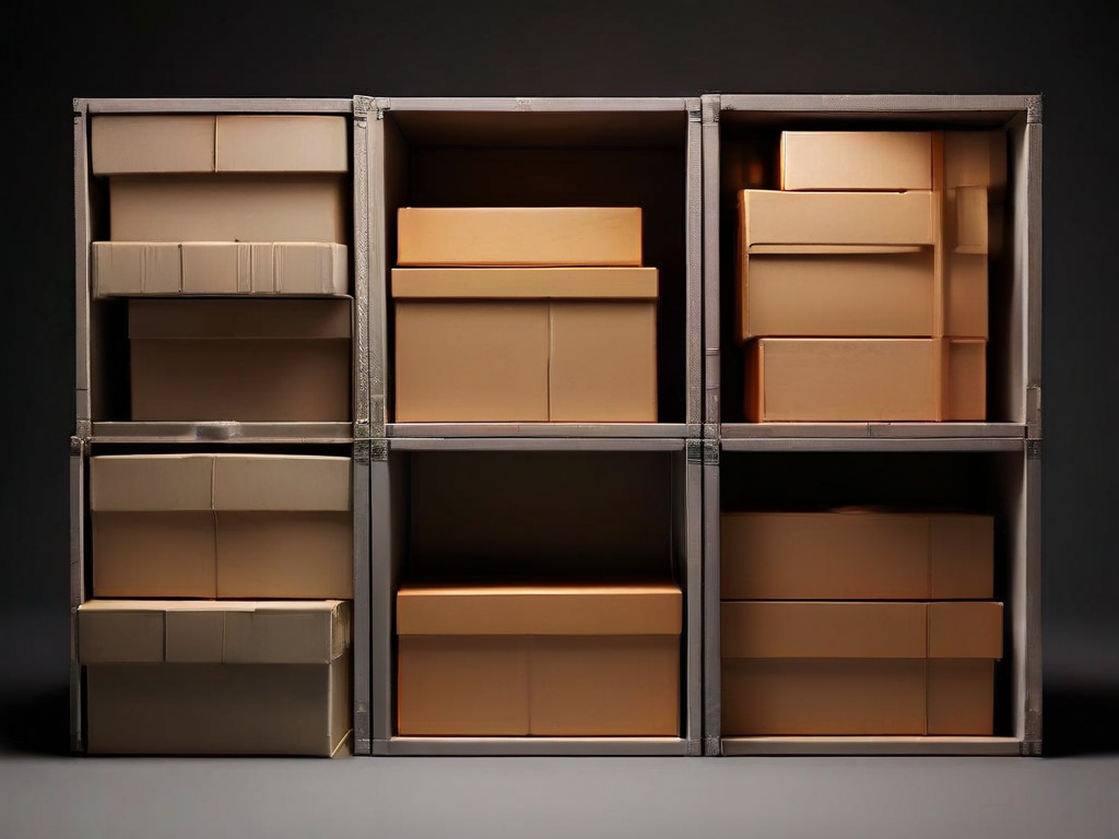 Three stacked matte gray archive boxes with open blank compartment inserts, soft studio lighting, clean shadows, minimal...