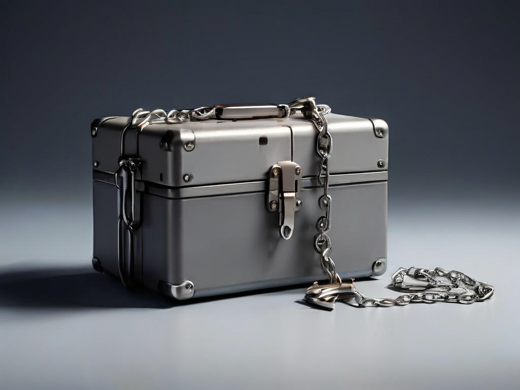 A sealed metal case with a short chain and separate small blocks representing file locations on a gray studio surface.