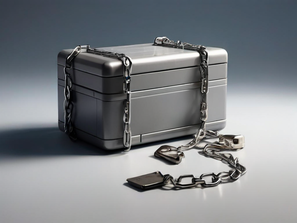 Storage case with metal chain and small blocks on gray surface, representing organized digital file locations.